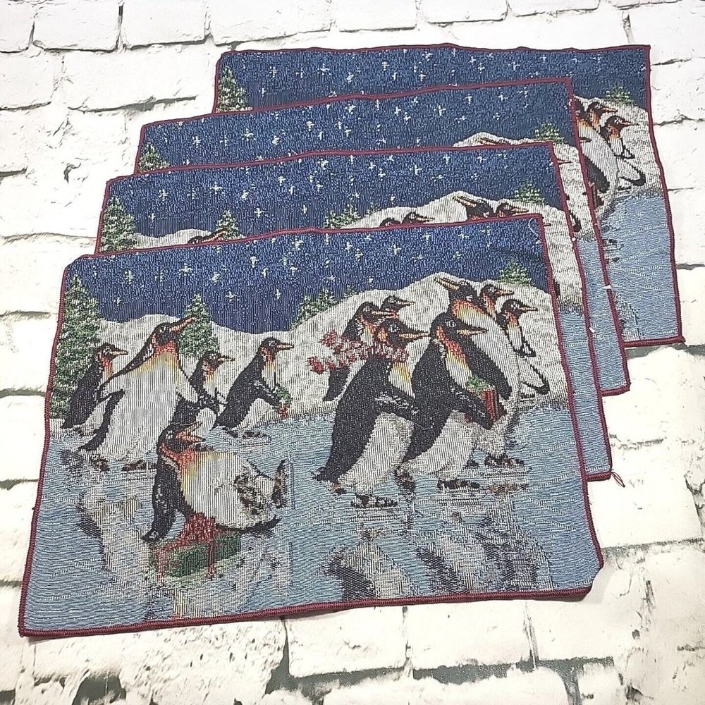 Vintage Holiday Placemats Penguins On Ice 17" By 13" Woven Tapestry Lot Of‎ 4